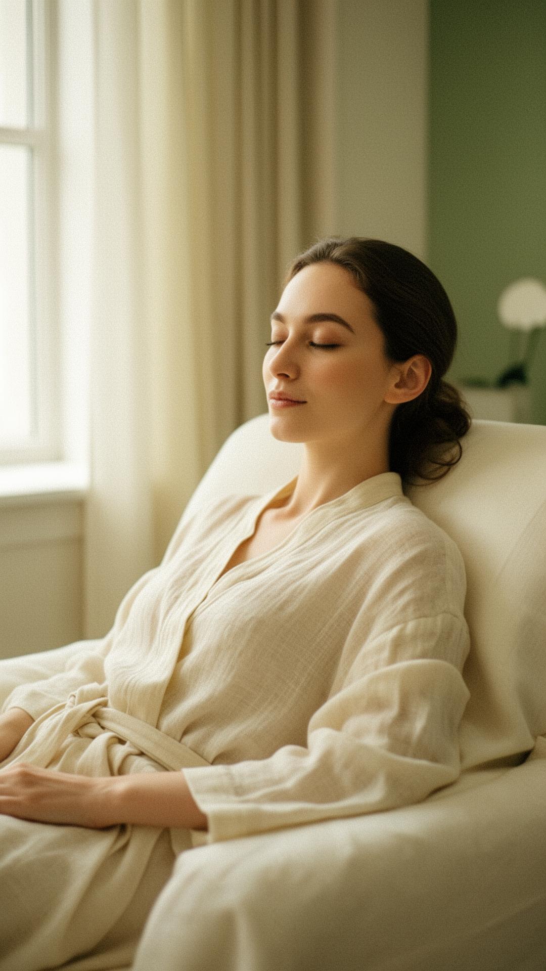 A patient resting in a calm, sunlit treatment room